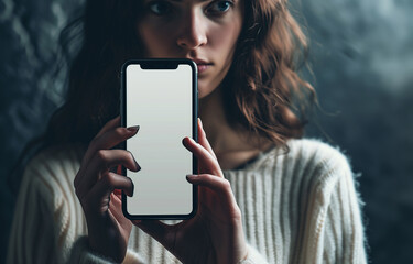 A young dark-haired woman is holding a smartphone with an empty screen. A mockup, a phone, a smartphone. Close-up portrait, bokeh effect in the background.
