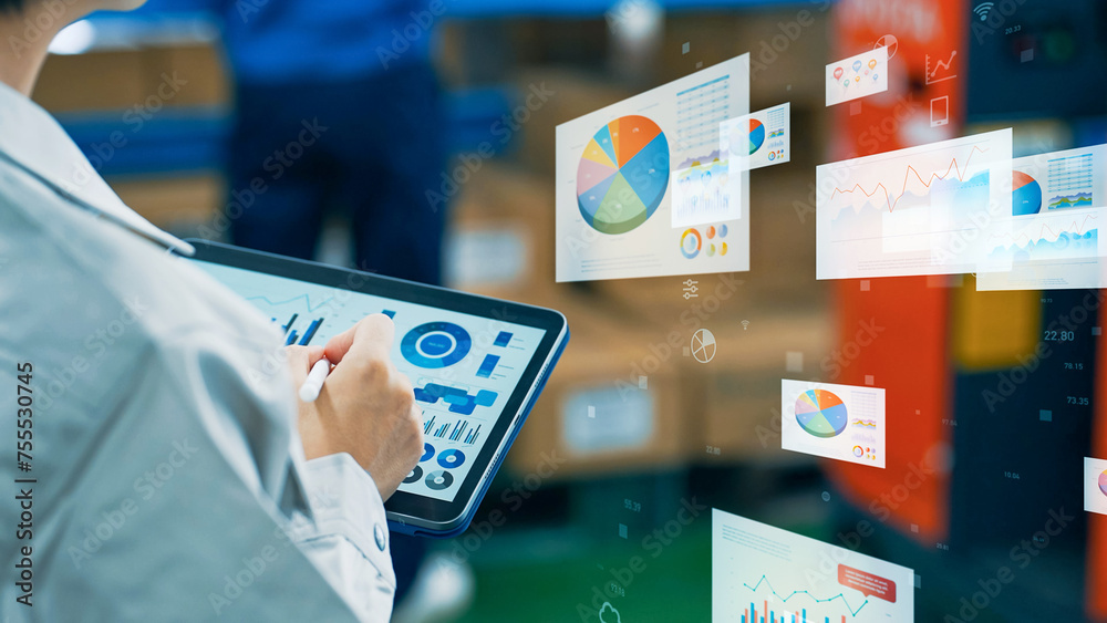 Leinwandbilder worker using tablet pc and statistical data. inventory control. warehouse management systems. paperl