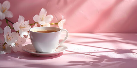 Obraz na płótnie Canvas Delicate pink cup with blossom holds coffee, A cup of coffee with white flowers on the table, 