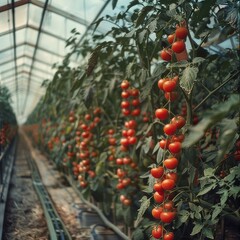 Abundant red tomatoes in a greenhouse