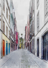 Fototapeta na wymiar watercolor of vegueta neighborhood in las palmas city
