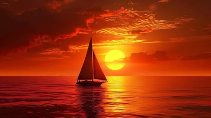 Foto op Plexiglas The silhouette of a lone boat against the backdrop of a fiery sunrise © Ateeq