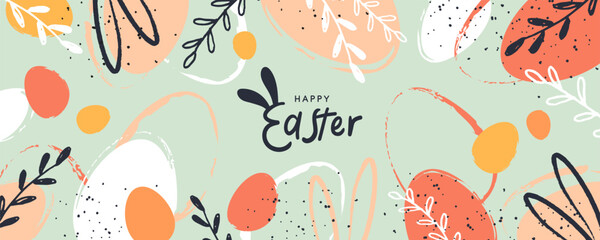 Happy Easter banner. Trendy Easter design with typography, hand painted strokes and dots, eggs and bunny ears in pastel colors. Modern minimal style. Horizontal poster, greeting card, website header - obrazy, fototapety, plakaty