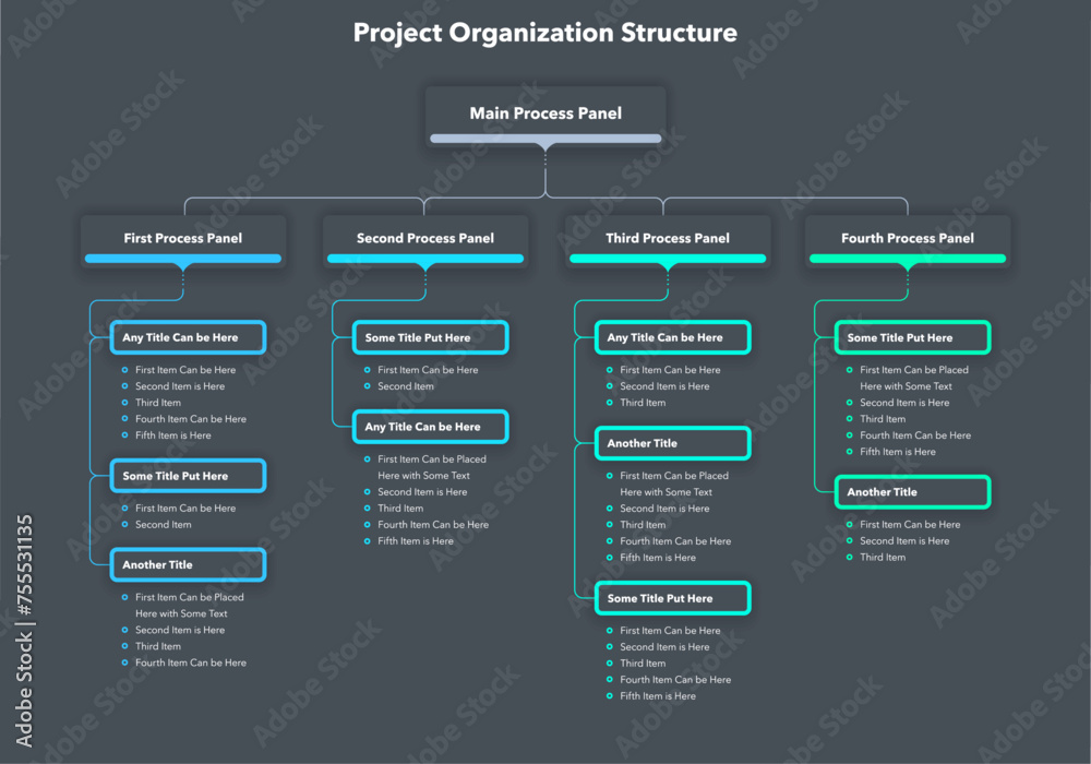 Poster Modern infographic for project or organization structure - dark version. Simple flat template for data visualization.