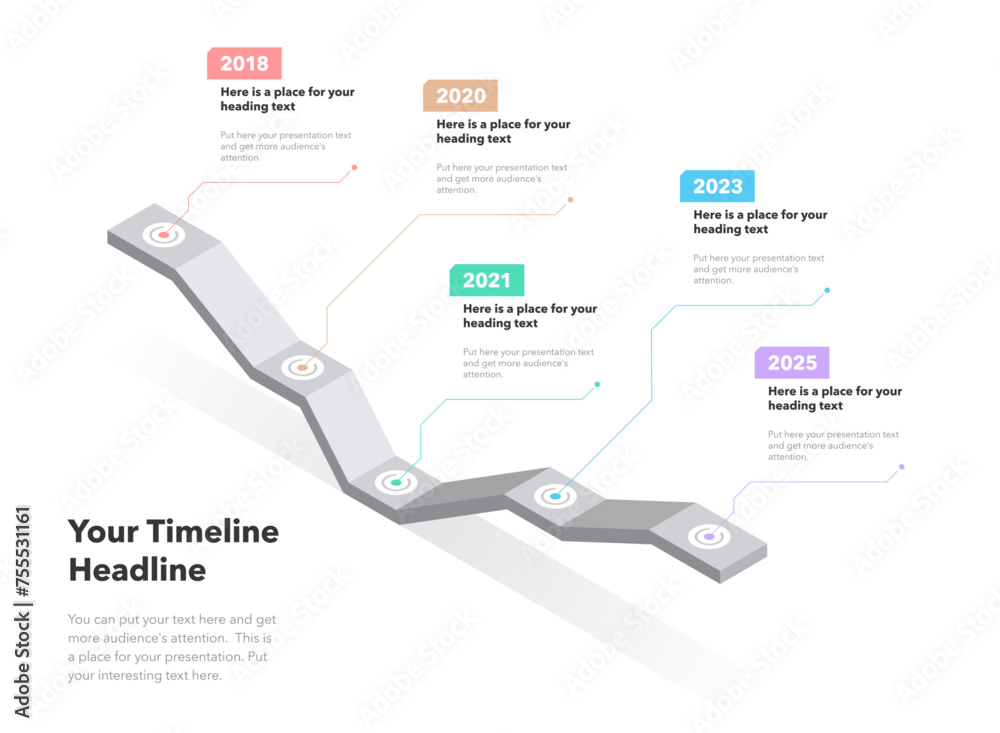 Poster Isometric timeline infographic template with five steps. SImple chart design for workflow layout, diagram, banner, web design.