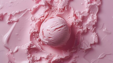 Ball of pink ice cream isolated on pink background. Top view