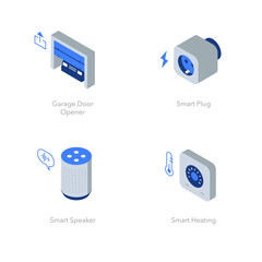 Simple set of isometric flat icons for smart home 2. Contains such symbols as Garage door opener, Smart plug, Smart speaker and Smart heating.
