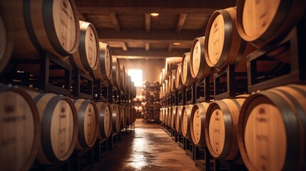 Room filled with wooden barrels with wine