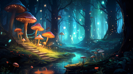 A magical forest with glowing mushrooms  interior
