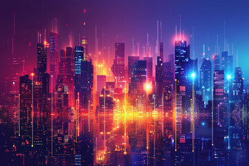 Futuristic cityscape with glowing neon lights and digital effects