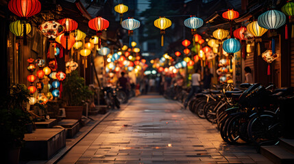 street lined with illuminated traditional lanterns background - Powered by Adobe