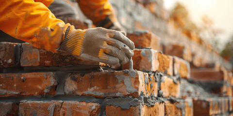 Closeup Hands Adjusting Bricks in Wall. Worker's hand placing a brick on a crumbling wall.