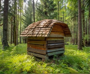 Transformed, the aged wooden beehive nestled amidst the dense foliage of the forest, its weathered exterior bearing witness to the passage of time.