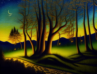 Dreamy Night Landscape, Oil Painting