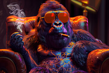 Cool Gorilla with Sunglasses Enjoying a Cigar in a Luxurious Room