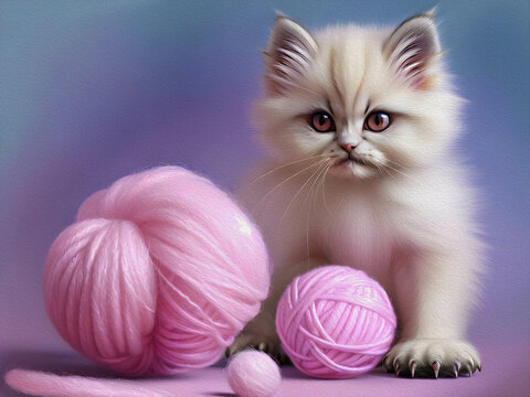 Little adorable cute fluffy persian exotic kitten, Oil Painting