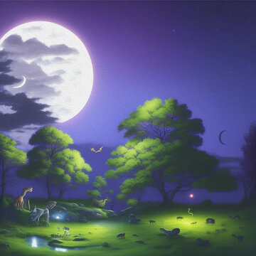 Night Landscape with Fantasy Animals, Oil Painting