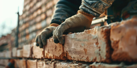 Closeup Hands Adjusting Bricks in Wall. Worker's hand placing a brick on a crumbling wall. - obrazy, fototapety, plakaty
