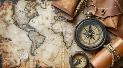 An old-world map with compass and travel accessories background