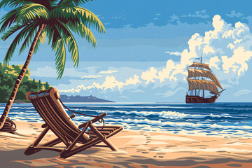 a beach chair on a beach with a sailboat in the background - obrazy, fototapety, plakaty