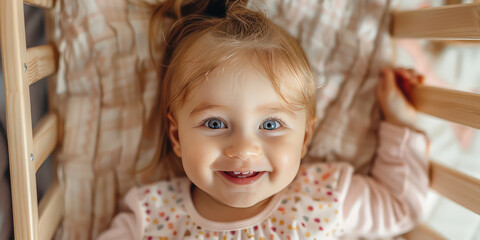 Fototapeta premium Joyful Toddler Kid Girl in Bed Crib. Smiling happy young girl with a beaming smile in her room.