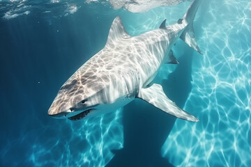 enormous shark in the clear, turquoise waters and people swimming near, top view