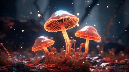 beautiful detail of forest mushrooms in the grass growing in the autumn forest - obrazy, fototapety, plakaty
