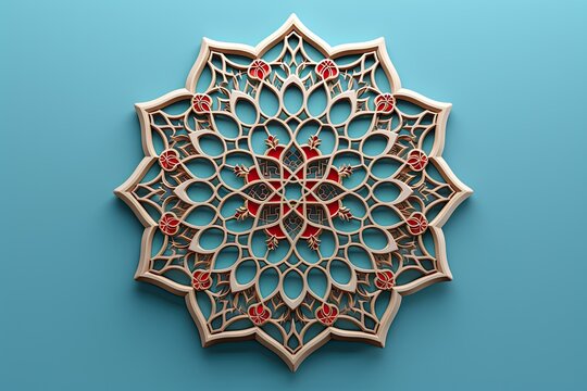 burgundy and beige islamic octagonal ornament with curved pattern on blue background
