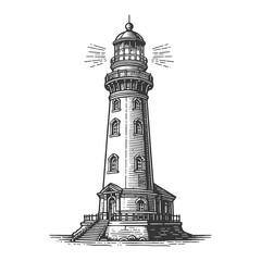 vintage lighthouse with beams of light, depicted in an engraved style. Sketch engraving generative ai raster illustration. Scratch board imitation. Black and white image.