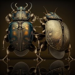 exchange beetles, exchange beetle queen egypt scarab bug couple animal chitin armored tov view 
outdoors arthropods ornate with wings bed bug Generative AI  - obrazy, fototapety, plakaty