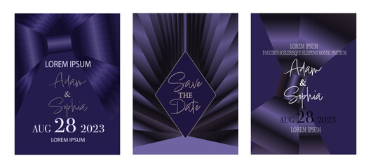 Collection of elegant  embossed invitation designs with various text and patterns.
