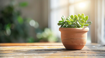 A little jade plant in a terracotta pot with natural lights.