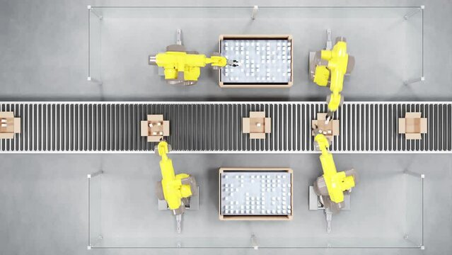 3d rendered animation of yellow Robots at a conveyor belt packing items into cardboard packages. Top down view.