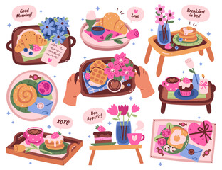 Romantic appetizing delicious breakfast in bed tray with food, drinks and flower decoration set