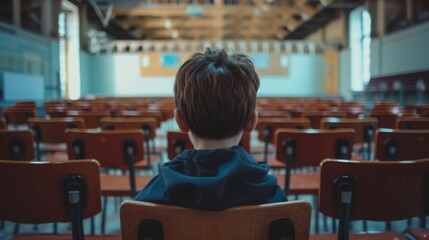 A young boy lost in thought, sitting in a classroom setting with her peers blurred in the background, reflecting a moment of introspection. concept of bullying among teenagers