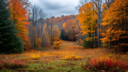 Fototapeta premium lush, vibrant forest during the fall season background