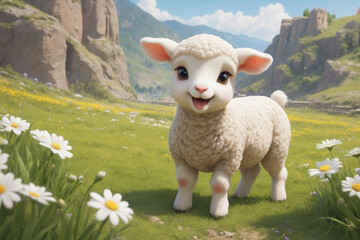 Cute cartoon character, lamb enjoying springtime flowers