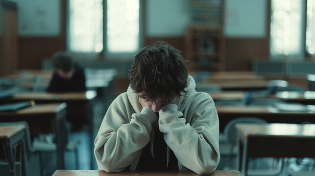 A young male student lost in thought, sitting in a classroom setting with her peers blurred in the background, reflecting a moment of introspection. concept of bullying among teenagers
