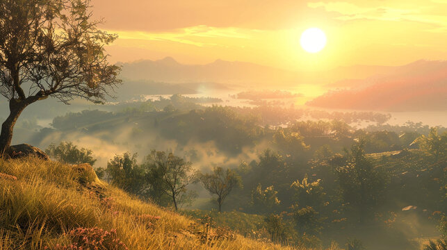 warm glow of sun over a dew-covered meadow