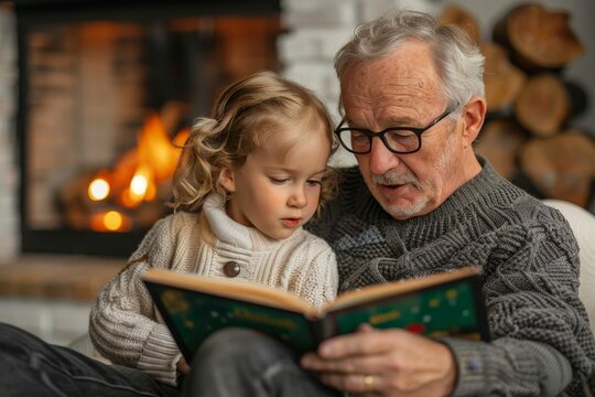 A loving senior man reads a book to his attentive granddaughter by the fireplace in a cozy home setting