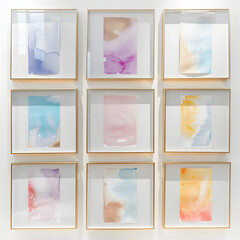 Abstract Watercolor Art Set in Modern Frames on Wall