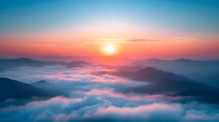 serene sunrise over a misty mountain range - Powered by Adobe