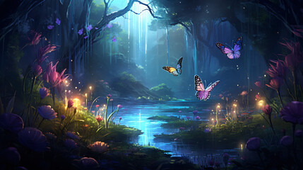 Fototapeta na wymiar A magical garden with glowing butterflies 