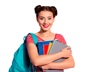 Close-up portrait of her she nice-looking cute charming attractive glamorous lovely cheerful girl wearing striped t-shirt blue bag bachelor master degree graduate isolated over pink pastel background