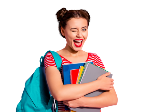 Close-up portrait of her she nice cute charming attractive glamorous winsome shine lovely cheerful cheery girl in striped t-shirt blue bag holding in hands copy-book isolated on pink pastel background