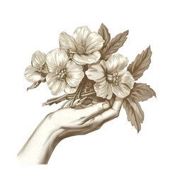 Vintage style illustration of hand with flowers isolated on a transparent background