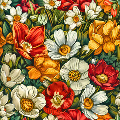 Retro Floral Elegance: Vintage Spring Garden Pattern, Captivating Retro Design, Created using generative AI	