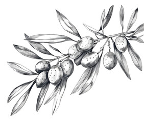 Sketch of Spotted Olive Berries on a Branch with Thin Leaves Isolated on Transparent Background