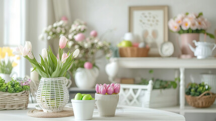 Fototapeta na wymiar Elegant Easter Kitchen Decor with Eggs. A beautifully arranged kitchen scene for Easter, featuring a white bunny figurine, patterned eggs, and spring blossoms in a soft, pastel color palette.