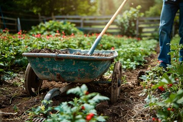 A wheelbarrow full of rich soil stands in a blooming flower garden ready for planting